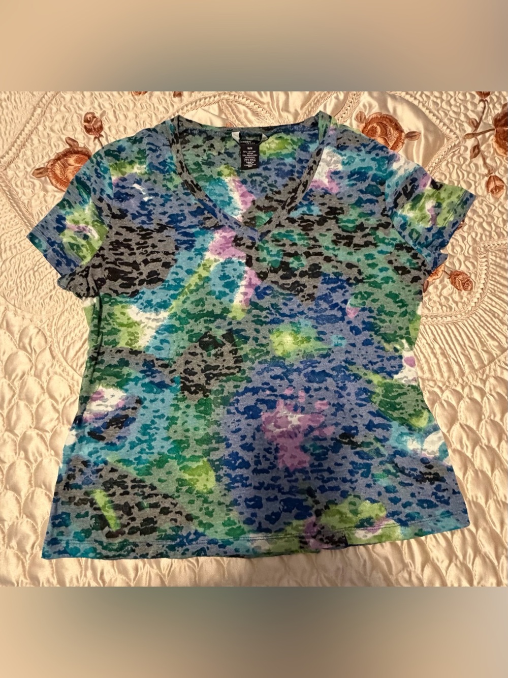 Haggar Petite Multicolor Blue Green Abstract V-Neck Top - Size M